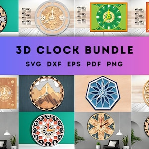3D Clock Laser Cut Design File - Multilayer SVG - 13 Unique Clock Designs