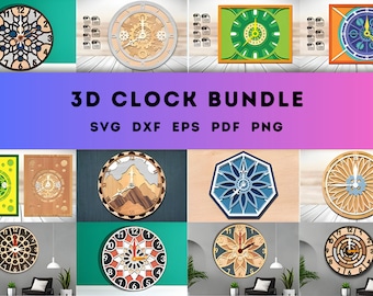 3D Clock Laser Cut Design File - Multilayer SVG - 13 Unique Clock Designs