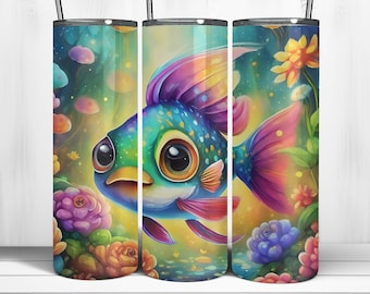 Envoltura de vaso de pesca - Sublimación de vaso flaco de 20 oz Lindo diseño de pez floral - Descarga digital PNG
