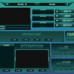 Twitch Stream Overlays Package | Dark Green, Blue Pack | Customizable | Twitch | Overlay | Banner | Scenes | Offline | Alerts | OBS Steaming