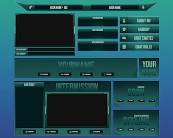 Twitch Stream Overlays Paket | Dunkelgrüne, blaue Packung | Individualisierbare | Twitch | Overlay | Banner | Szenen | Offline | Warnungen | OBS Steaming