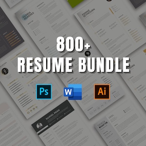 May include: A collection of 800+ resume templates in a variety of styles and colors. The templates are designed to be used with Adobe Photoshop, Microsoft Word, and Adobe Illustrator.