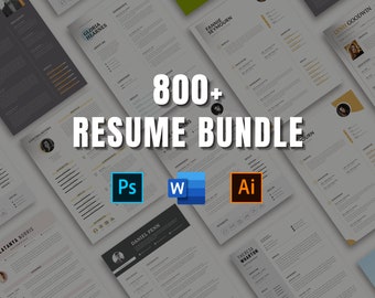 May include: A collection of 800+ resume templates in a variety of styles and colors. The templates are designed to be used with Adobe Photoshop, Microsoft Word, and Adobe Illustrator.