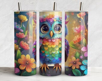 Eule Tumbler Wrap - 20 Unzen Skinny Tumbler Sublimation Design - wunderliche Aquarell Blume digitaler Download PNG