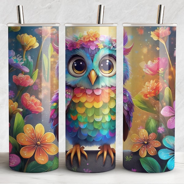 Owl Tumbler Wrap - 20oz Skinny Tumbler Sublimation Design - Fleur d’aquarelle fantaisiste Téléchargement numérique PNG