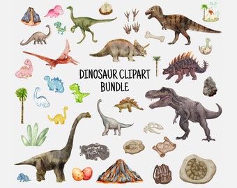 Dinosaur Clipart Watercolor Bundle, Jurassic PNG, Dinosaur Birthday Party Decor, Dinosaur Stickers, Dinosaur Baby Shower