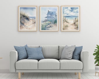 Watercolor Beach House Art Prints, Coastal Wall Decor Set (Digital Download)