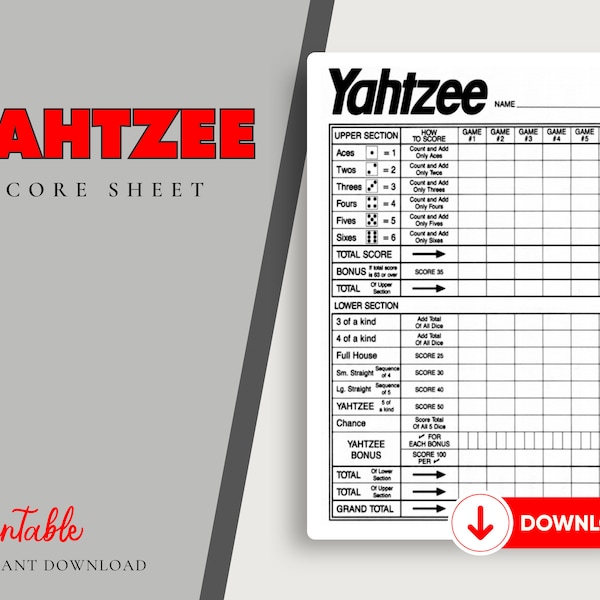 Yahtzee Score Card Sheet Printable, Instant Download Refill Sheets