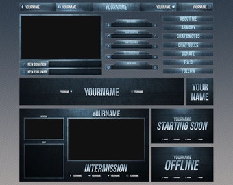 Twitch Stream Overlays Paket | Dunkelgrau Blau Pack | Individualisierbar | Twitch | Overlay | Banner | Szenen | Offline | Benachrichtigungen | OBS Dämpfen