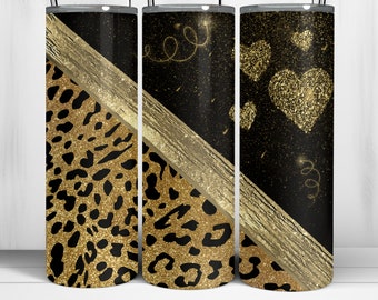 Leopardenmuster Tumbler Wrap - Gold Glitter Herzen, 20 Unzen Skinny Tumbler (Digitaler Download PNG)