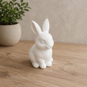 May include: A solid white figurine of a sitting rabbit with long, upright ears and a smooth, matte finish. The rabbit is depicted in a resting position with its front paws tucked together, showcasing a simple, clean design and neutral colour.