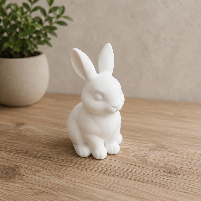 May include: A solid white figurine of a sitting rabbit with long, upright ears and a smooth, matte finish. The rabbit is depicted in a resting position with its front paws tucked together, showcasing a simple, clean design and neutral color.