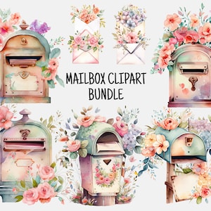 Mailbox Clipart aquarel bundel, rustieke bloem mailbox schattige bloemen PNG