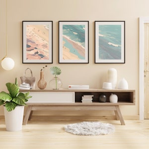 Boho Beach Coastal Shoreline Wall Art, Beachy Watercolor Wall Art, 3 Set