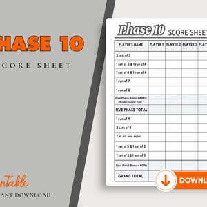 Phase 10 Score Card Sheet Printable, Instant Download Refill Sheets