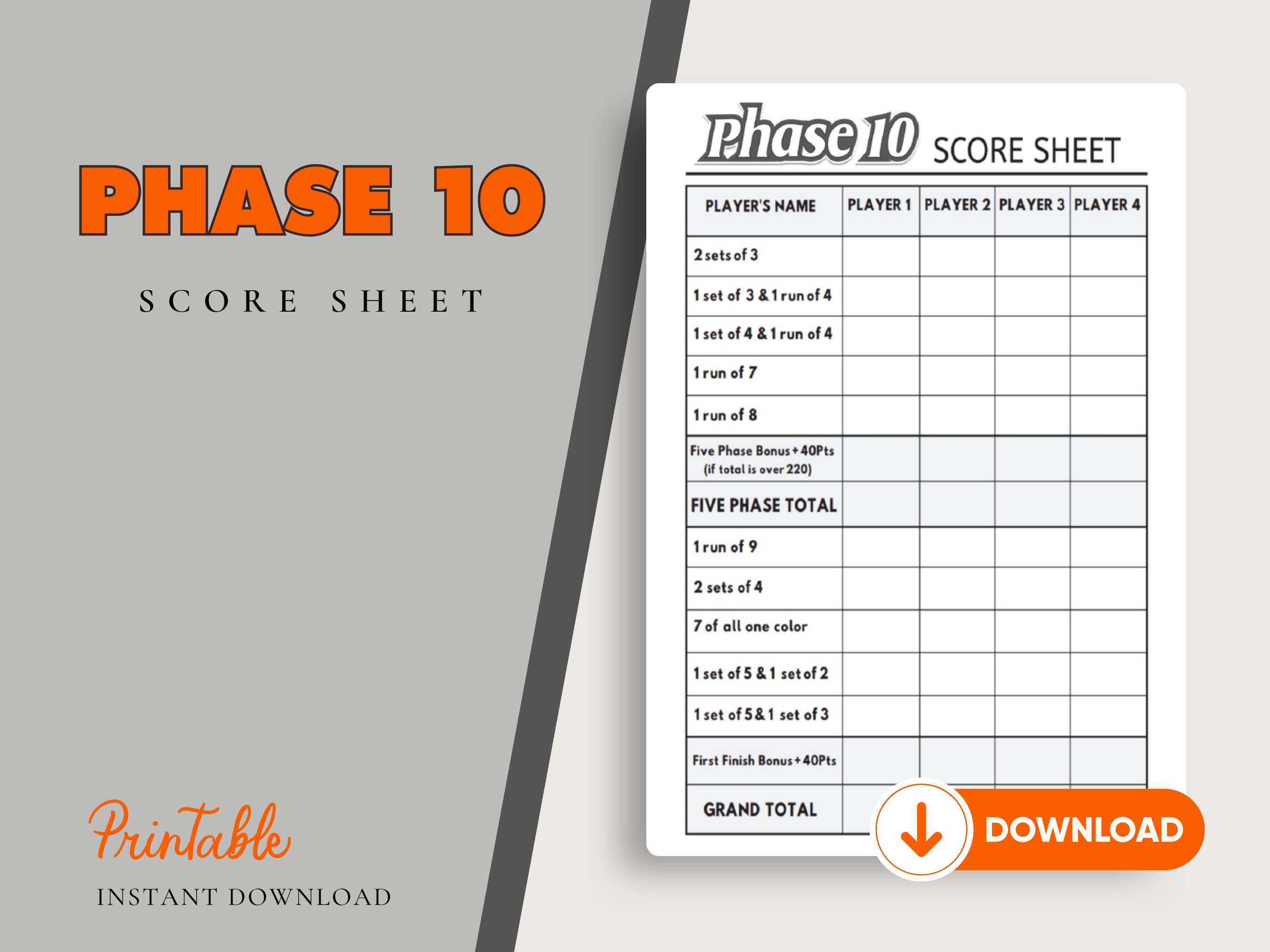 Phase 10 Score Card Sheet Printable, Instant Download Refill Sheets Etsy