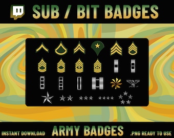 Insignias de suscriptor del ejército, insignias de rangos militares del ejército, insignias de rango de alta calidad, diseño de Twitch, insignias de suscriptor de Twitch, emoticonos de Twitch, insignia de bits