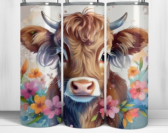 Highland Cow Tumbler Wrap Baby - Diseño floral de sublimación de vaso flaco de 20 oz - Descarga digital PNG