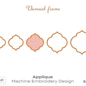 May include: An applique machine embroidery design featuring five damask frames in varying sizes. The frames have a gold outline, with one filled with a pink pattern. The design is labeled "Damask frame" and "So Cute Stitch."
