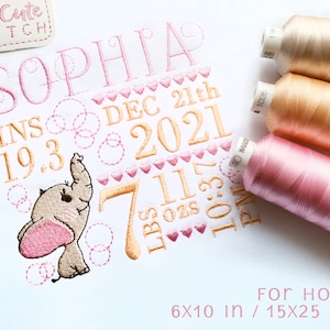 Elephant Birth Announcement Embroidery Design Template for Machine Embroidery, 6X10 Hoop size, 15X24 cm, Imperial Units Baby Stats Designs