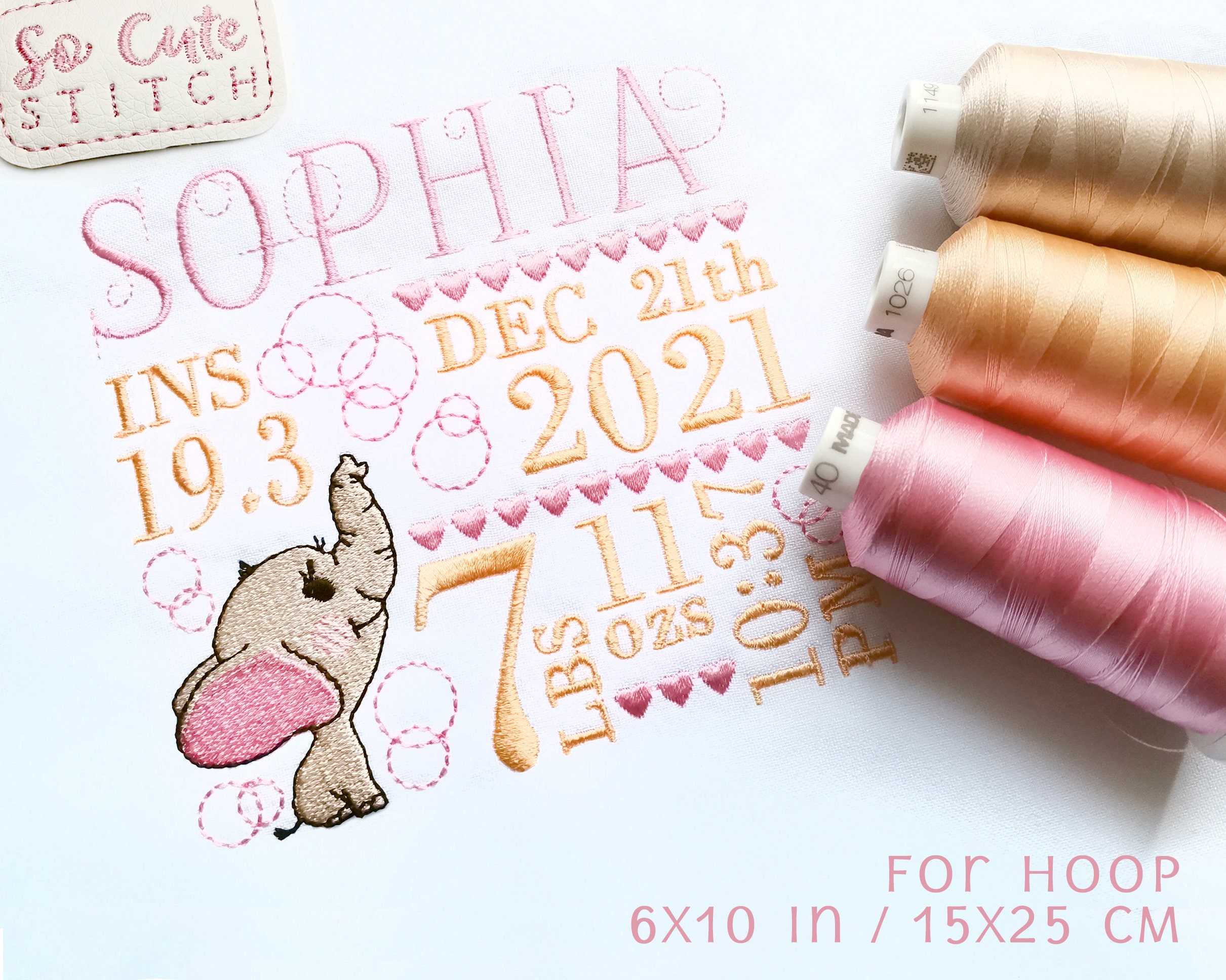 Elephant Birth Announcement Embroidery Design: Baby Stats Template (6x10 Hoop)