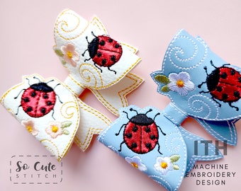 Ladybug Hair Bow Embroidery Design: ITH Faux Leather Bow (4x4 Hoop)