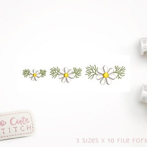 May include: Three sizes of embroidery designs featuring a row of white daisies with yellow centers and green leaves. The designs are perfect for adding a touch of floral charm to your projects.