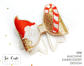 Christmas Gnome Hair Bow Embroidery Design: Candy Cane ITH File