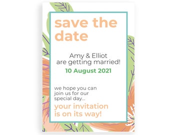 botanical wedding save the date cards, editable modern save the date invite template, custom canva template printable