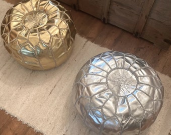 Moroccan gold and silver leather pouf, Moroccan Ottoman leather, Round leather pouf, Handmade footstool Round pouf UNSTUFFED 51*51*31 cm