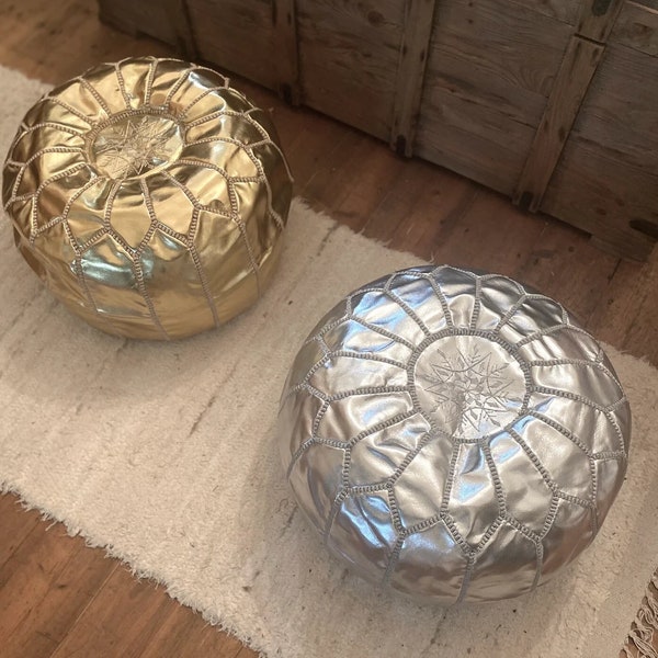 Moroccan gold and silver leather pouf, Moroccan Ottoman leather, Round leather pouf, Handmade footstool Round pouf UNSTUFFED 51*51*31 cm