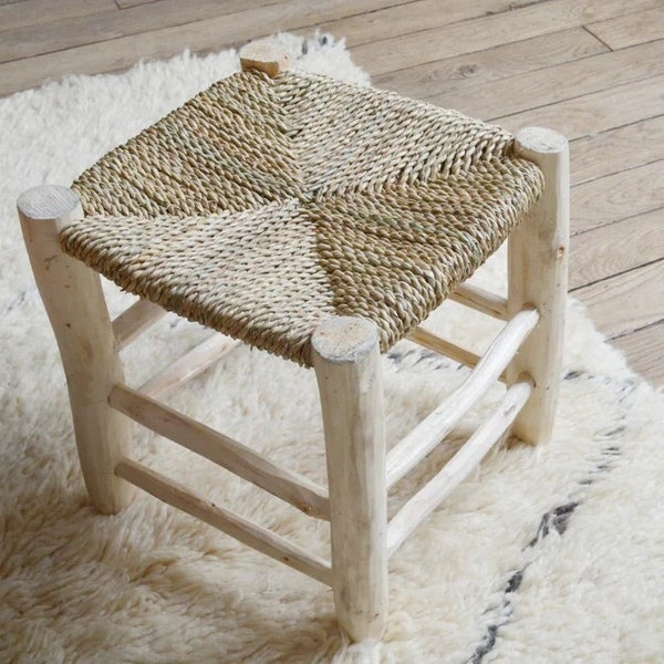 Moroccan Wooden Chair Wooden Stool With Palm Leaf Rope Moroccan Handmade Chair, ByMikwi