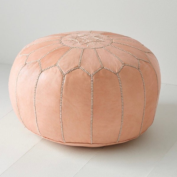 Pouf en cuir marocain fait à la main - Repose-pieds rond et grand ottoman - Coussin de sol véritable brodé naturel non rembourré pouf boho ByMikwi.