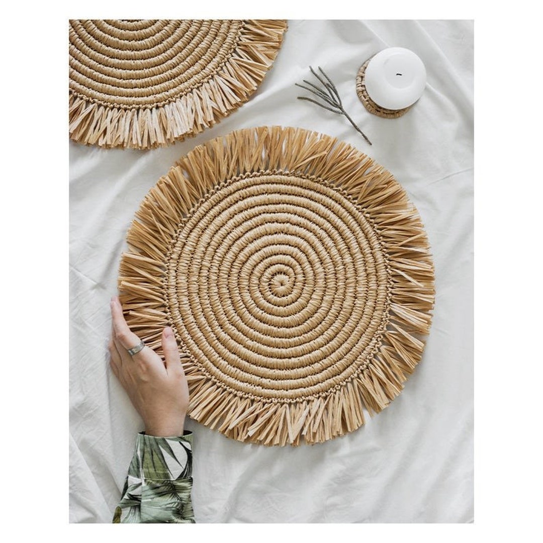 Round Raffia Table Set With Fringesset of FOUR PLACEMATS Etsy