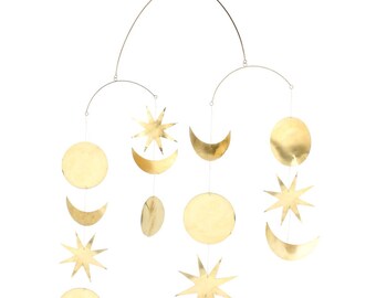 Brass Wall Hanging Celestial Wall decor Boho Mobile - Sun - Moon Phases - Star - Planet - Galaxy Wall decor - Hammered Metal Wall Art