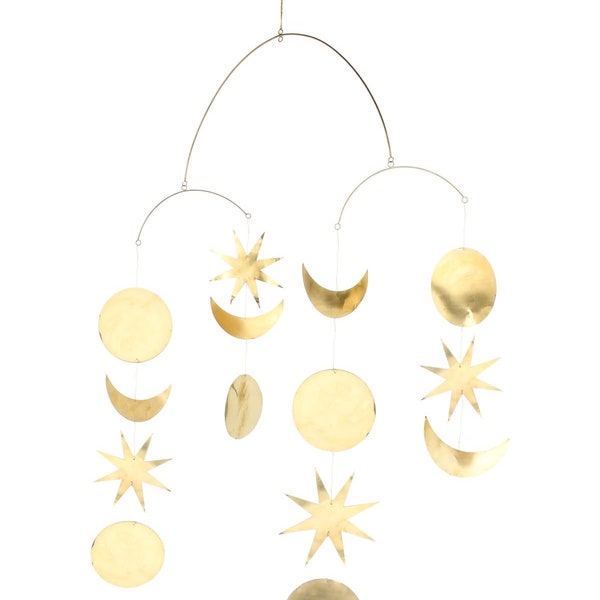 Brass Wall Hanging Celestial Wall decor Boho Mobile - Sun - Moon Phases - Star - Planet - Galaxy Wall decor - Hammered Metal Wall Art