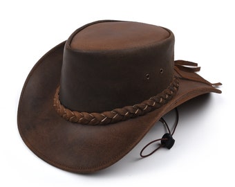 Leather Cowboy Hat for Men | Western Style Cowboy Outback Antique Hat in Hickory Brown