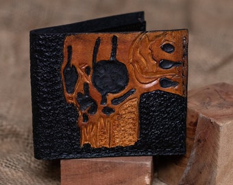Skull wallet Skeleton, Genuine Leather wallet, biker wallet, Men's wallet, Hand-Painted, Leather Carving, Gift for Men