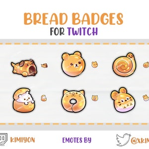 May include: A set of nine Twitch bread badges featuring various cute animal characters, including a dog, cat, bear, and snail. The badges are designed in a cartoon style with a golden brown colour scheme. The text "BREAD BADGES FOR TWITCH" is displayed at the top of the image. The text "KIMIYON" is displayed at the bottom left of the image. The text "EMOTES BY @XKIMIYO" is displayed at the bottom right of the image.