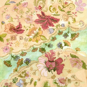 Può includere: Un'illustrazione ad acquerello con un motivo floreale nei toni del rosa, giallo e verde, accentuato da bordi decorativi simili al pizzo. Il design include vari elementi botanici e la firma Ina Makkoeva nell'angolo in basso a destra.
