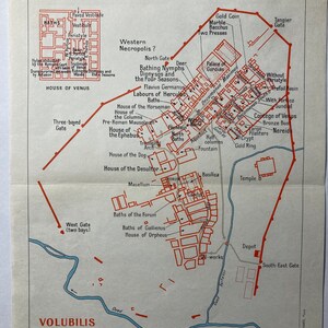 Plan de la cité archéologique de Volubilis, Vintage , document original de 1966 en parfait état, format 15,5 x 18,5 cm
