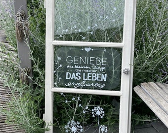 Old window decorative window with saying *little things* label and picture*garden decoration*Shabby