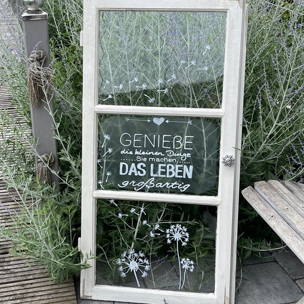 Old window decorative window with saying *little things* label and picture*garden decoration*Shabby