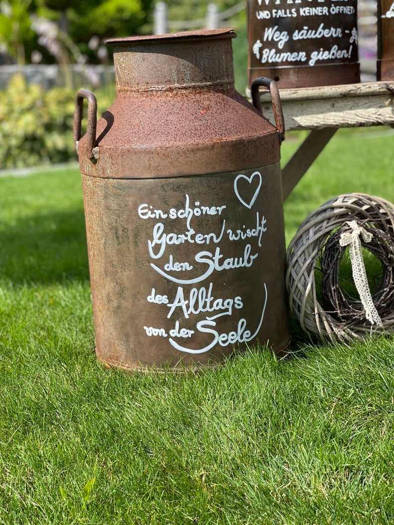 Rostige Alte Vintage Milchkanne aus Eisen mit Spruch individuelle Beschriftung Gartendeko Rostdeko Nr. 2