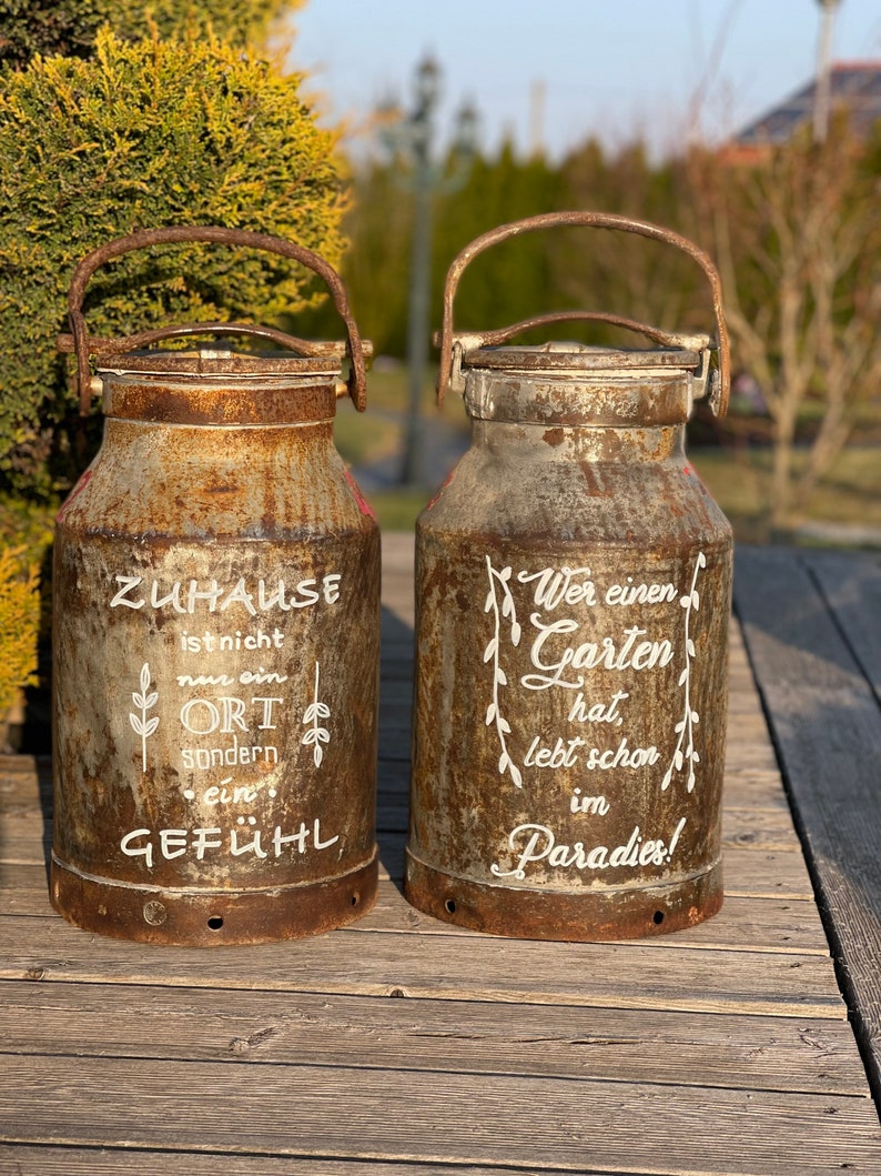 Rostige Alte Vintage Milchkanne aus Eisen mit Spruch individuelle Beschriftung Gartendeko Rostdeko zdjęcie 9