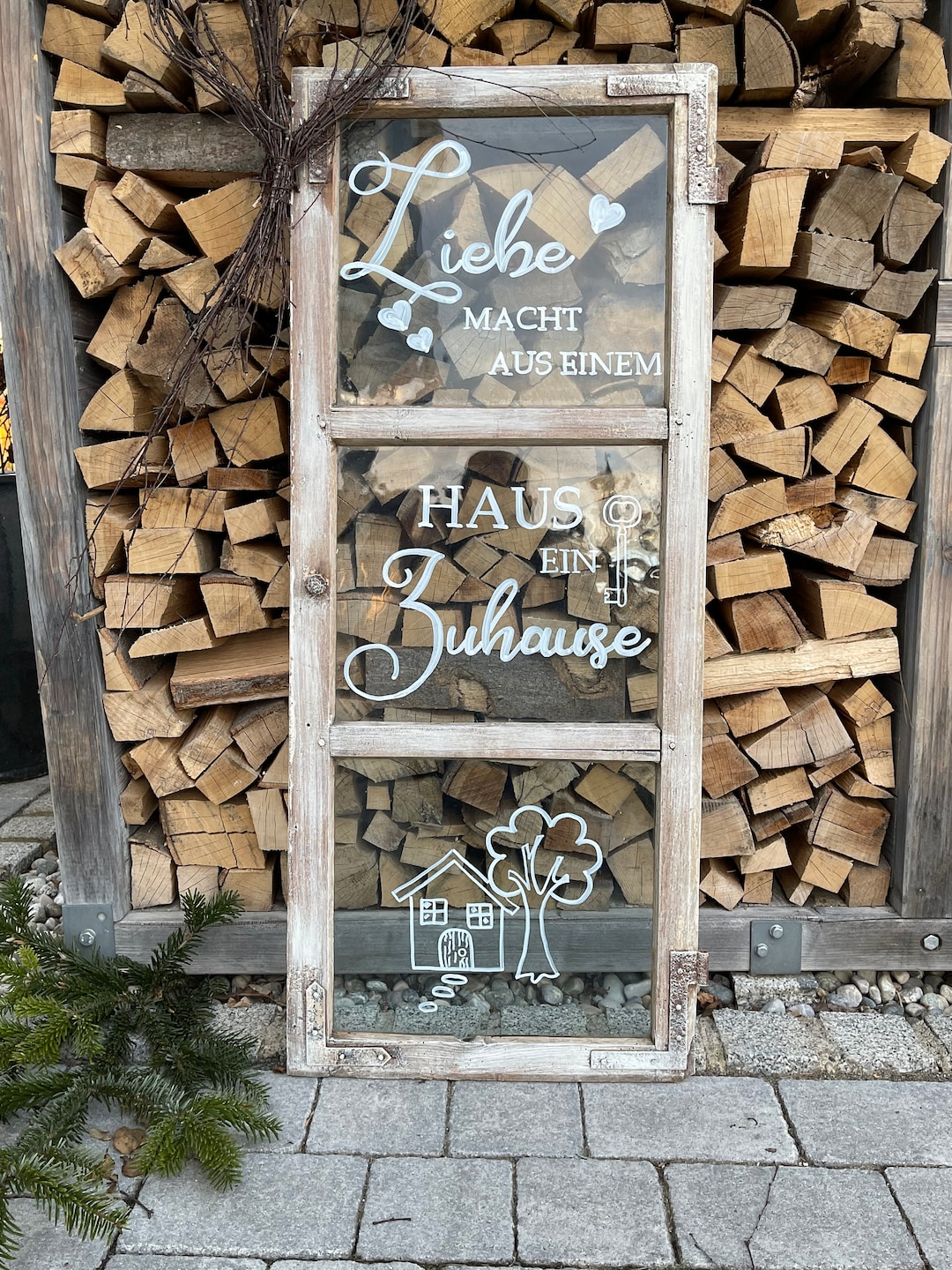 Altes Fenster Dekofenster mit Spruch *Zuhause* Beschriftung und Bild