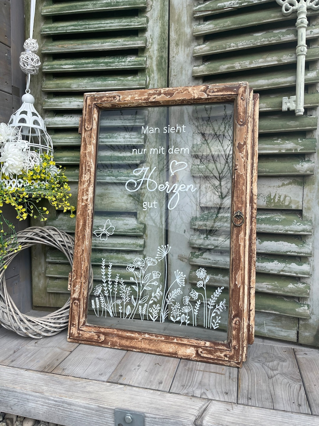 Altes Fenster Dekofenster mit Spruch *Herzsicht* Beschriftung und Bild