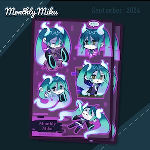 May include: A sticker sheet with multiple anime-style illustrations of a character with teal hair and horns. The stickers are set against a purple background, with the text "Monthly Miku" and "September 2024". The artist's handle, @sketcherface, is also visible.