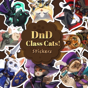 May include: A set of Dungeons and Dragons (DnD) Class Cats stickers featuring different cat breeds dressed as various D&D classes. The stickers are colourful and feature a variety of cat breeds, including a tabby, a calico, a black cat, and a white cat. The stickers are perfect for adding a touch of whimsy to your laptop, water bottle, or planner.