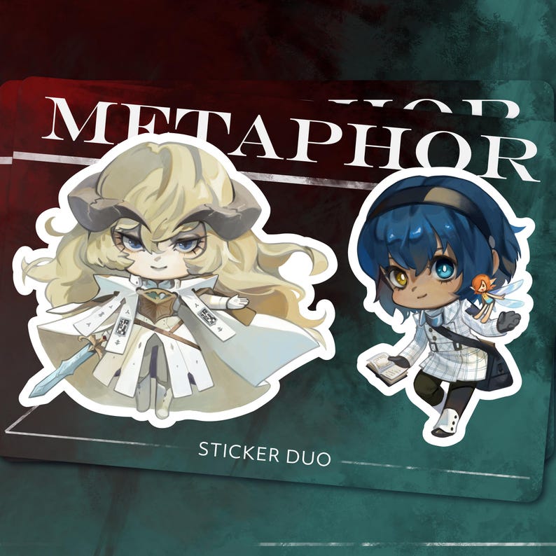 May include: Two sticker designs featuring a white-haired character with horns and a blue-haired character with a blue bird. The stickers are on a white background with the text "METAPHOR" and "STICKER DUO".